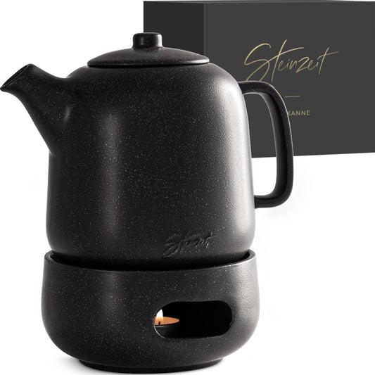 STONE AGE design teapot with warmer (1.3L) - with stainless 304 steel infuser - ceramic with unique glaze with removable infuser, black