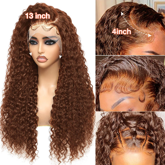 24 Inch Real Hair Wig 13x4 Transparent Lace Front Wig made of Human Hair for Black Women, Deep Wave Human Hair Wig in Brown Color, Curly Real Hair Wigs for Women with 150% Density 60cm.