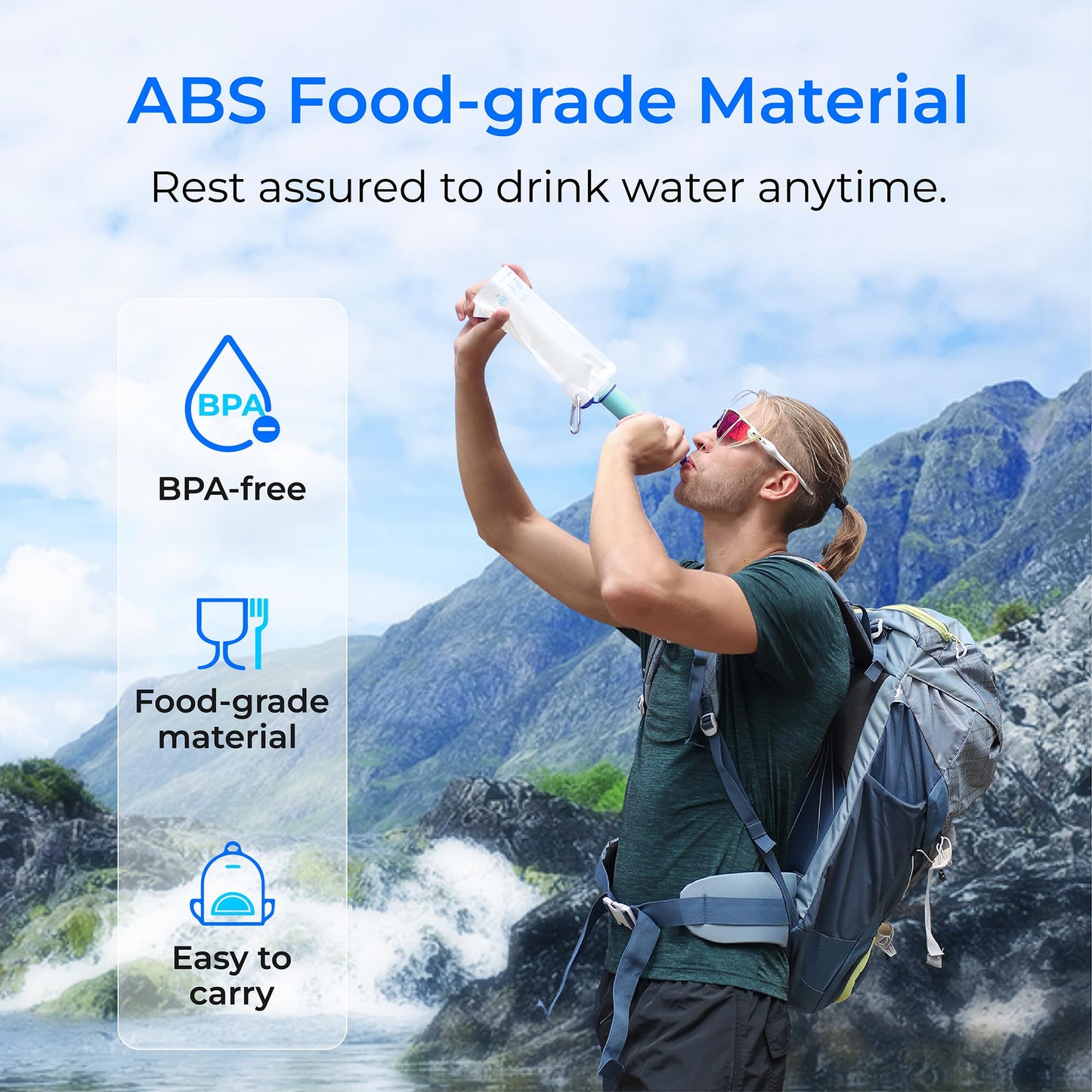 Waterdrop Water Filter Outdoor - Removes 99.99% of Bacteria, Survival Camping Filter System with Gravity Water Bag for Emergencies, Hiking, Travel (Light Blue)