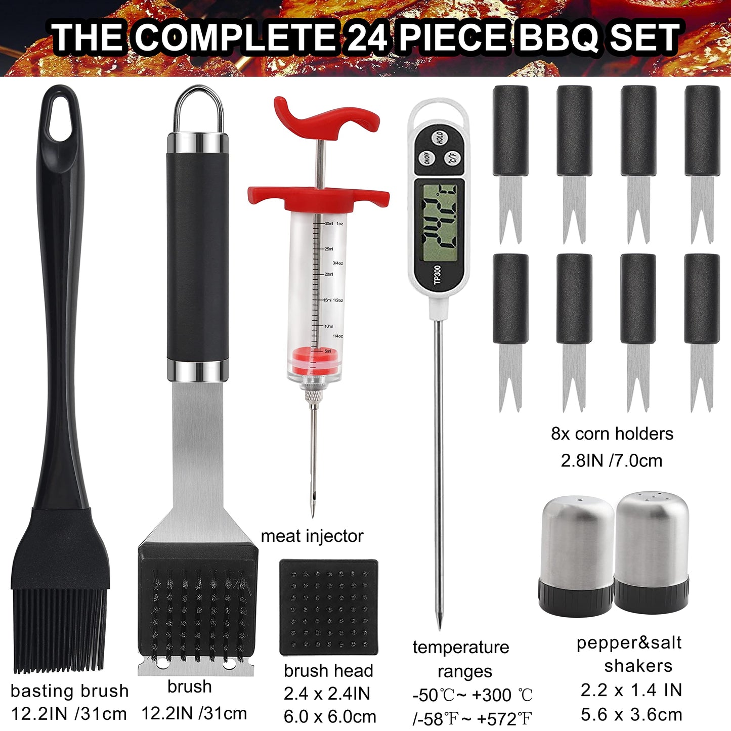 Grill accessories, grilljoy 25PCS Heavy Duty BBQ tools set in case - Stainless steel grill kit for men - Ideal grill case gift for men and women on Father's Day, birthday, Christmas.