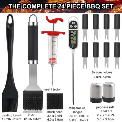 Grill accessories, grilljoy 25PCS Heavy Duty BBQ tools set in case - Stainless steel grill kit for men - Ideal grill case gift for men and women on Father's Day, birthday, Christmas.