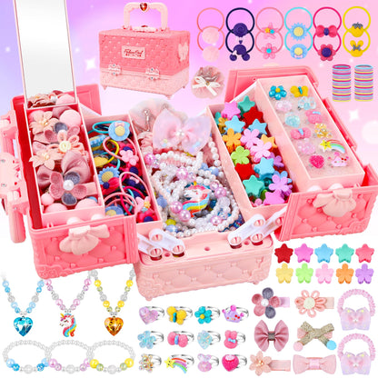 172 piece jewelry toy set for girls, including jewel rings, necklaces, bracelets, hair ties, hair clips, princess dress-up toys. Perfect gifts for girls aged 3-10+ for birthdays and Christmas.