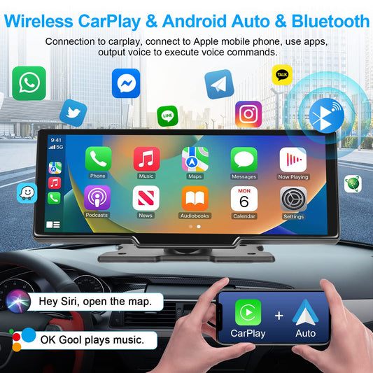 Podofo Wireless Apple Carplay Android Auto Portable Car Radio, 9.3-inch HD touchscreen car radio for cars/SUVs/vans/pickups and trucks, dash cam & rearview camera & 64G TF card.
