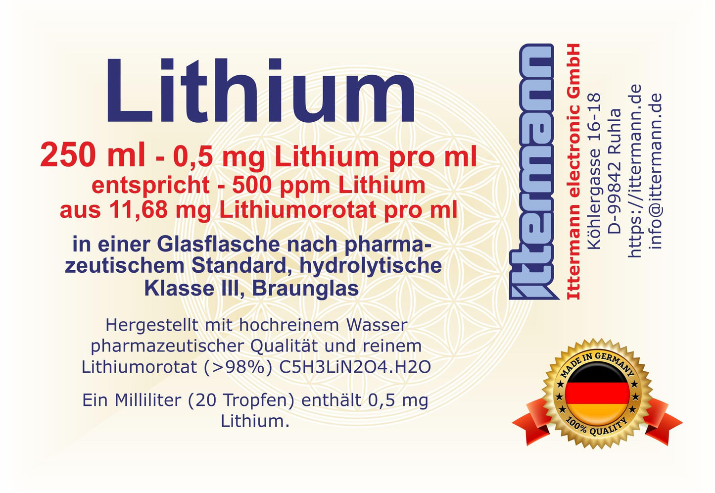 Ittermann Lithium, 1 ml contains 0.5 mg Lithium = 500 ppm, 250 ml ready-to-use solution made from highly purified water (pharmaceutical grade) and pure Lithium orotate (purity: > 98%, current batch: 99.9%)