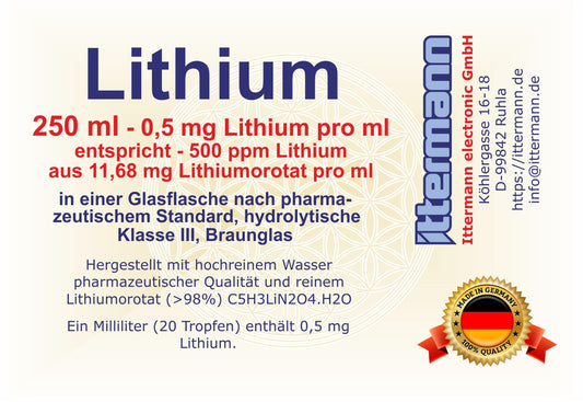 Ittermann Lithium, 1 ml contains 0.5 mg Lithium = 500 ppm, 250 ml ready-to-use solution made from highly purified water (pharmaceutical grade) and pure Lithium orotate (purity: > 98%, current batch: 99.9%)