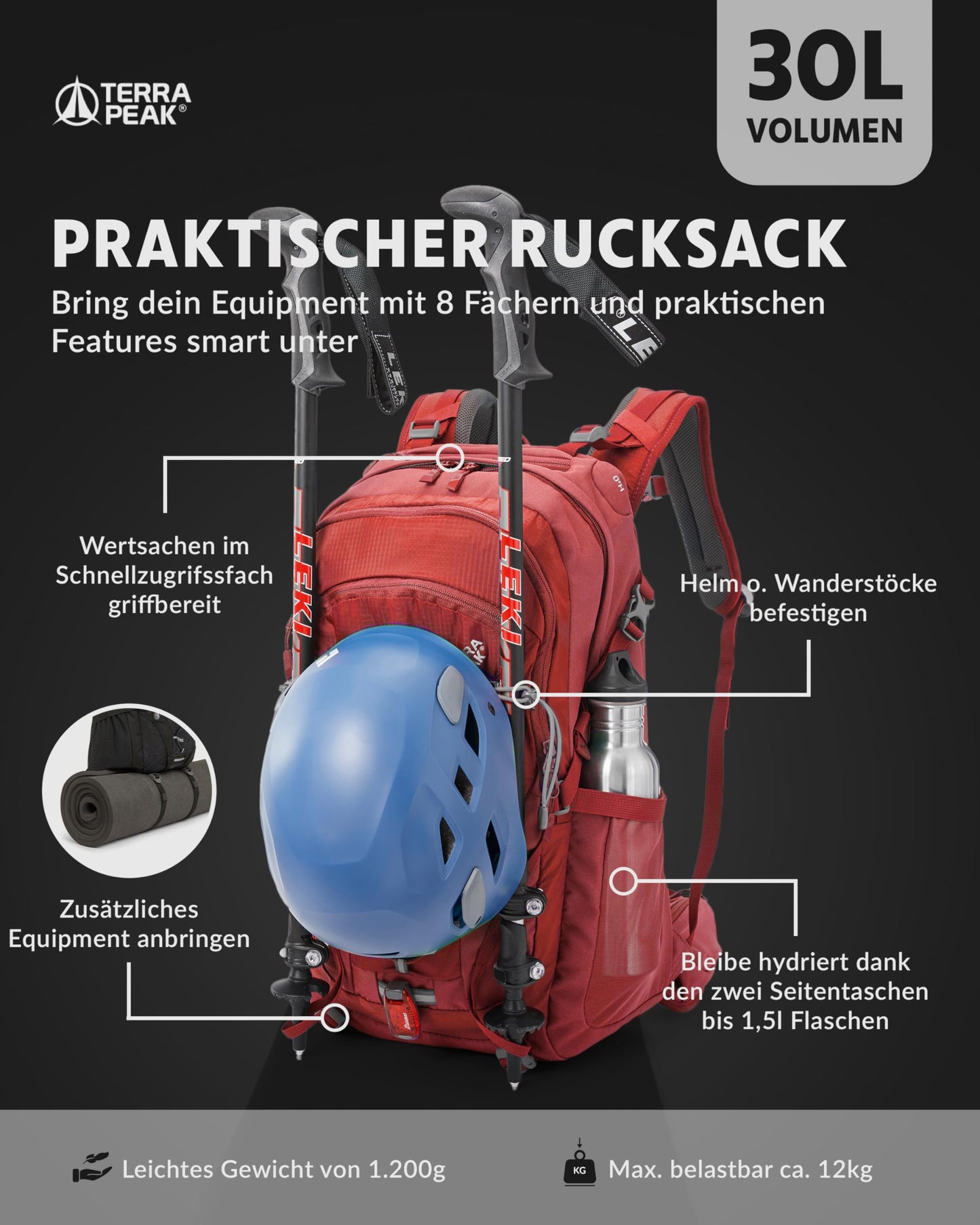 Terra Peak Hiking Backpack 30L Flex 30 Men Women red - Outdoor daypack for hiking - Lightweight waterproof daypack for sports activities - Ergonomic backpack with removable hip belt Adults