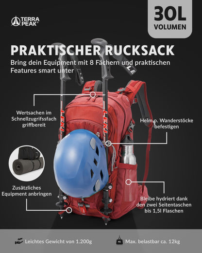 Terra Peak Hiking Backpack 30L Flex 30 Men Women red - Outdoor daypack for hiking - Lightweight waterproof daypack for sports activities - Ergonomic backpack with removable hip belt Adults