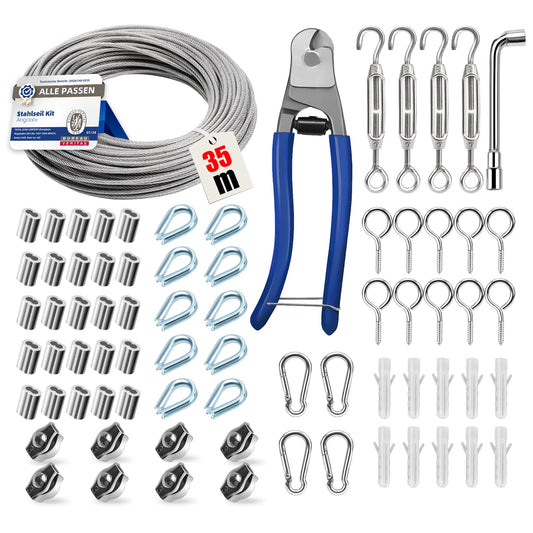 Angooni 74 pcs Steel Cable Kit, 35m Thickened 3mm Stainless Steel Wire Rope, Turnbuckle, Tension Wire Cable Tensioner 304 Stainless Steel Kit, Trellis for Climbing Plants, Curtain Wire, Fence…