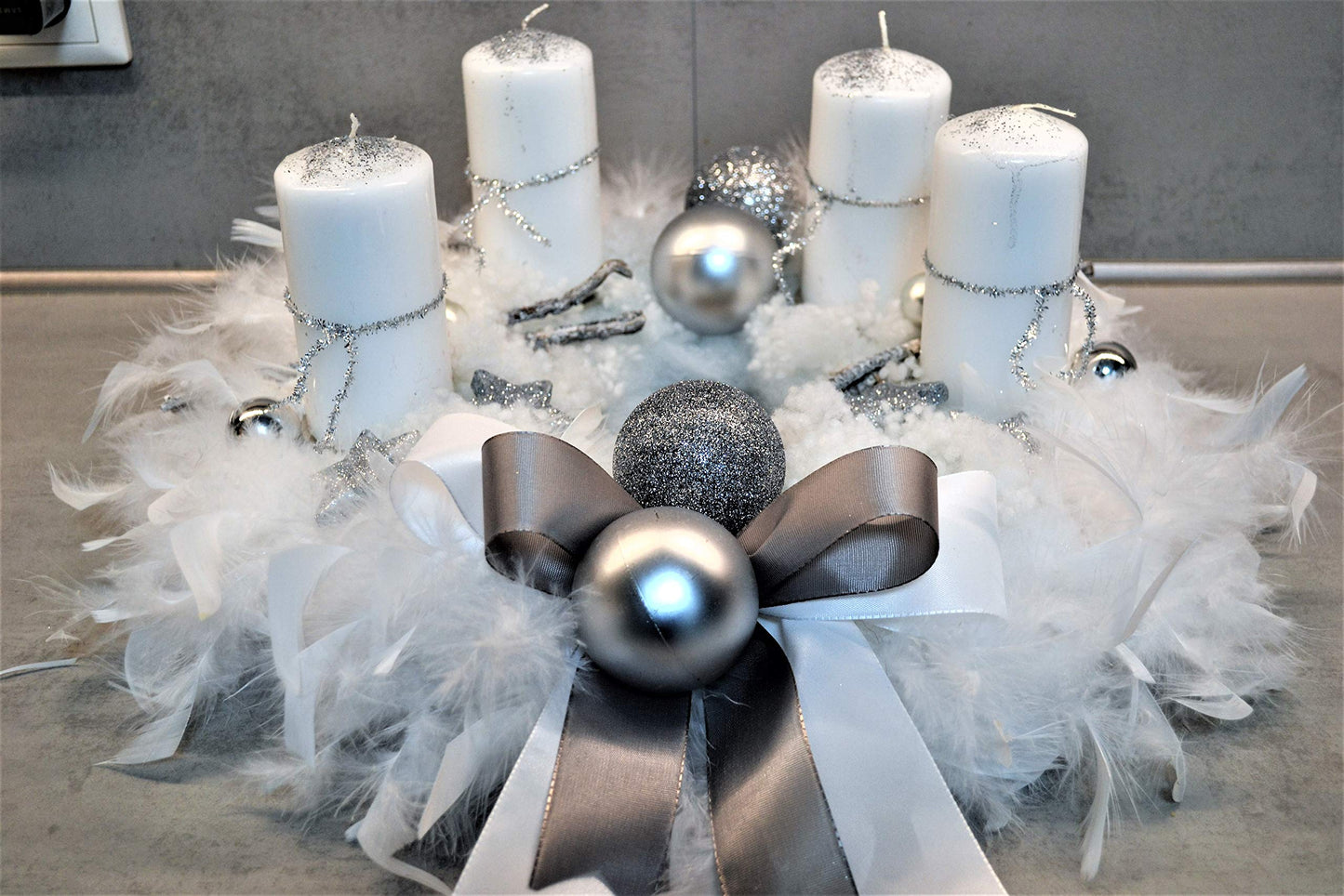 White silver advent wreath 40 cm artificial Christmas decoration with feathers