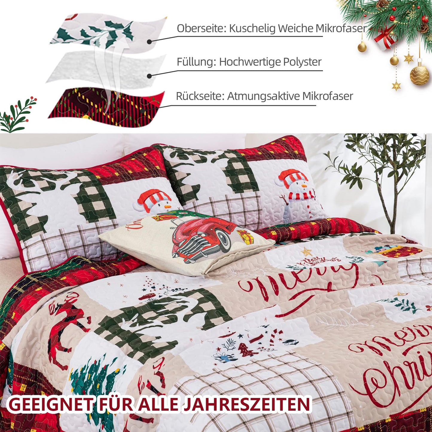 WONGS BEDDING Quilt 220x240 Bedspread Quilt Double Bed Quilted Microfiber 3 Pieces Christmas Quilt Bedspread Quilt with 2 Pillowcases 50x75, White & Red Checkered