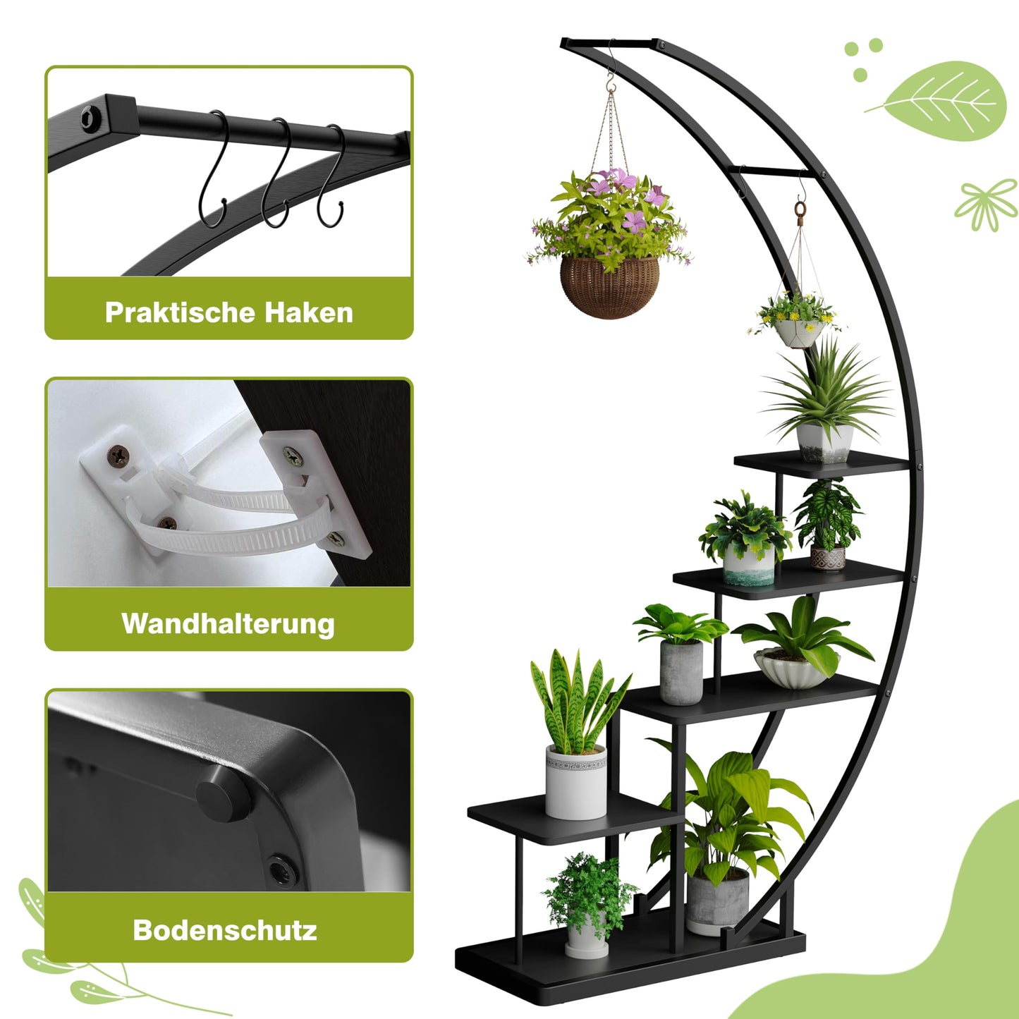 Rebel 5-tier metal plant stand in half-moon shape 172cm tall, plant shelf with 5 shelves & hooks, high flower stand plant ladder with tip protection for balcony living room patio (2 pieces, black)