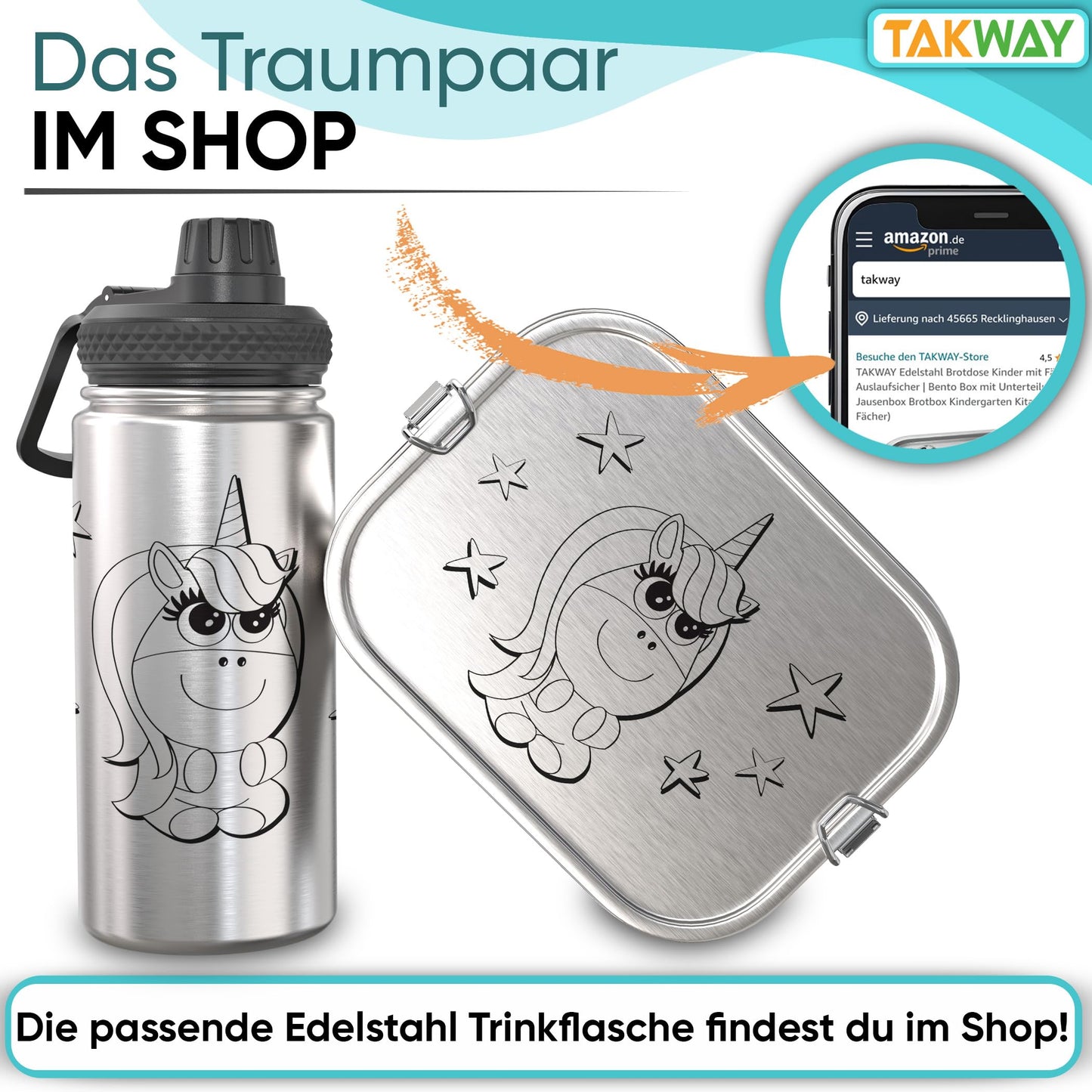 TAKWAY Stainless Steel Lunch Box for Kids with Compartments 800ml | Leakproof | Bento Box with Adjustable Dividers | Snack Box for Preschool Kindergarten School (Unicorn, 3 Compartments)