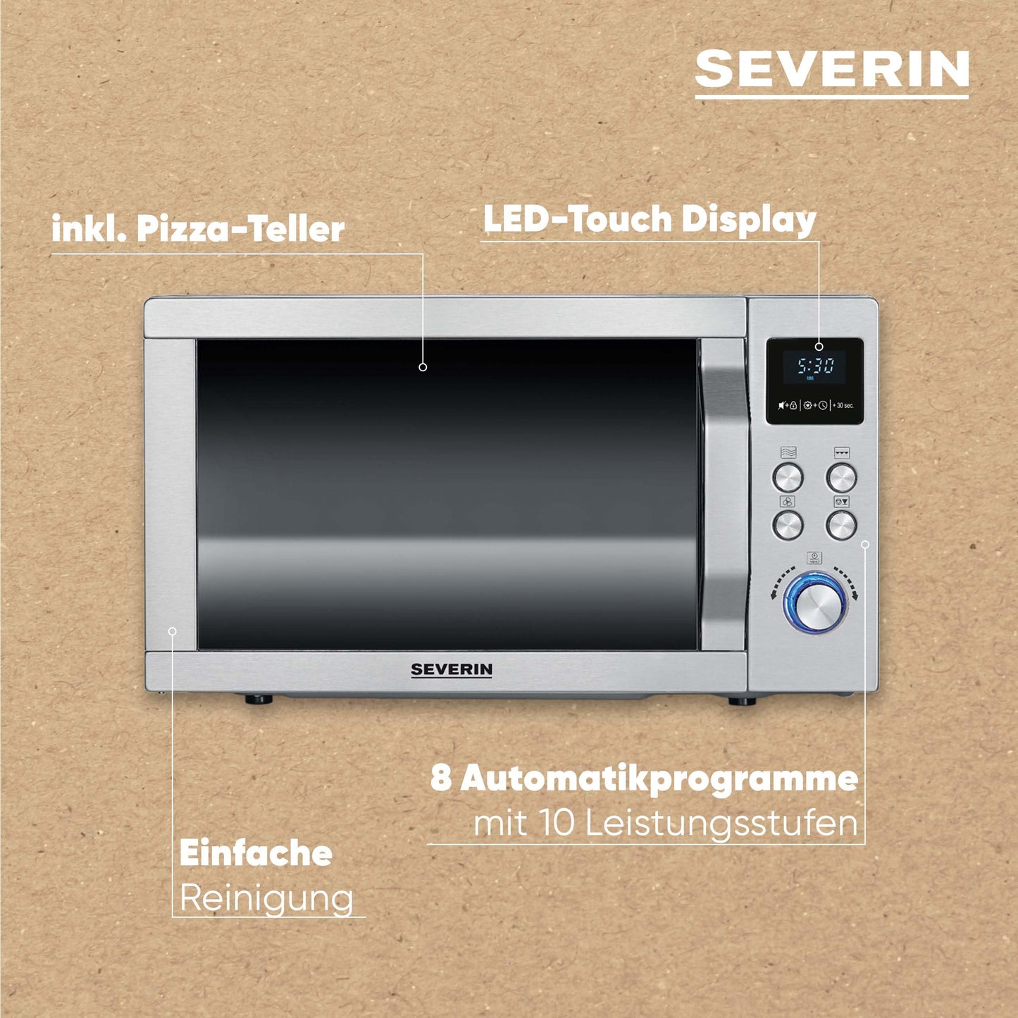 SEVERIN microwave with grill and hot air function 3-in-1, for thawing, steaming and heating, microwave with turntable, brushed stainless steel/silver, MW 7774
