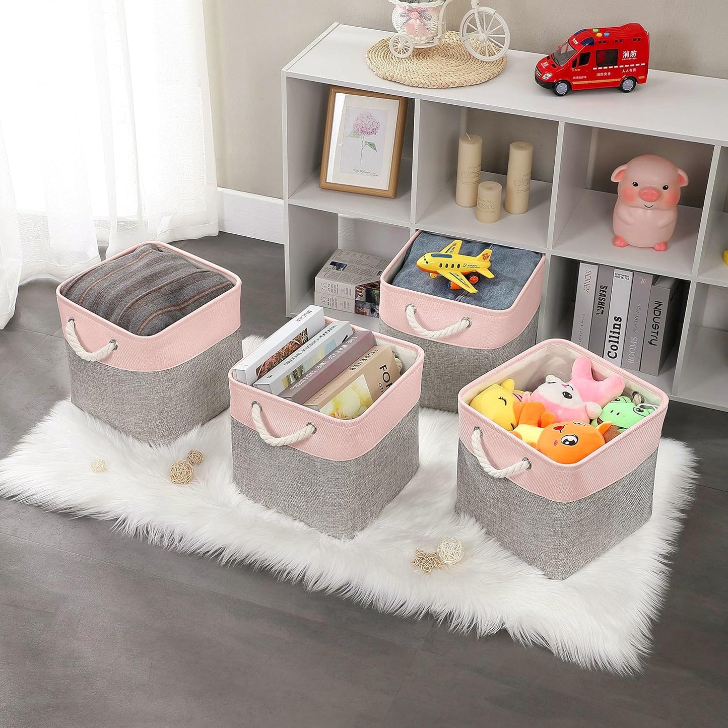 Mangata canvas storage boxes, 30 x 30 x 30 cm, fabric bins for shelves, organizing clothes, kids room, home (gray/pink, 3 pack)