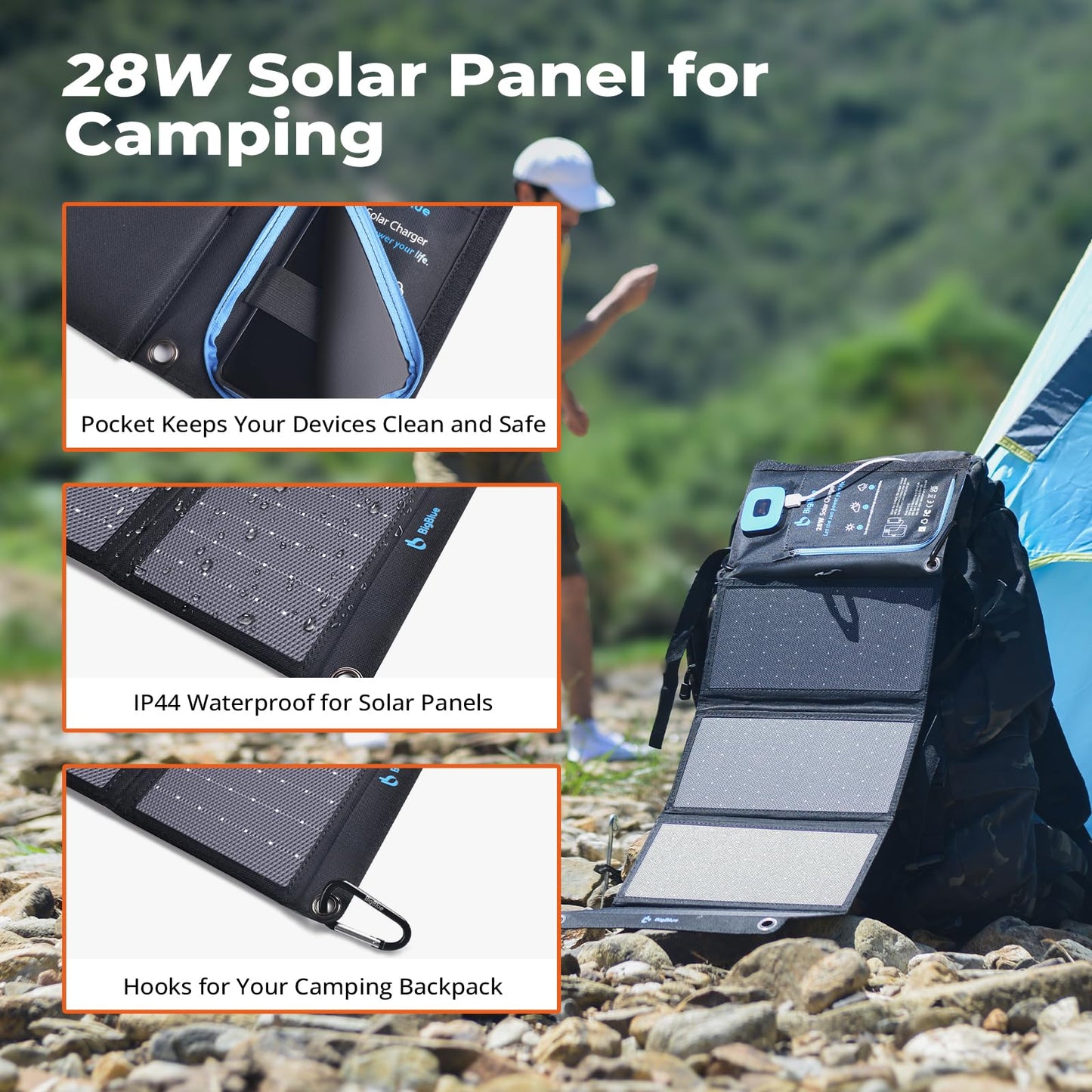 BigBlue 28W Portable Solar Charger with 2 ports (USB-C/USB-A), 5V/4A total output, IP44 solar panel with digital ammeter and zipper protection for devices like iPhone, Android, GoPro, and more.