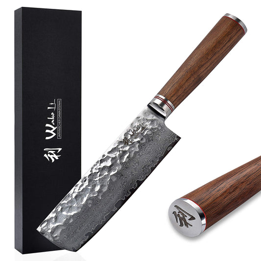 Wakoli Walnut Premium Nakiri Knife with 22.5 cm blade made of 67 layers of genuine Damascus steel with walnut wood handle I Damascus knife kitchen knife and professional chef knife