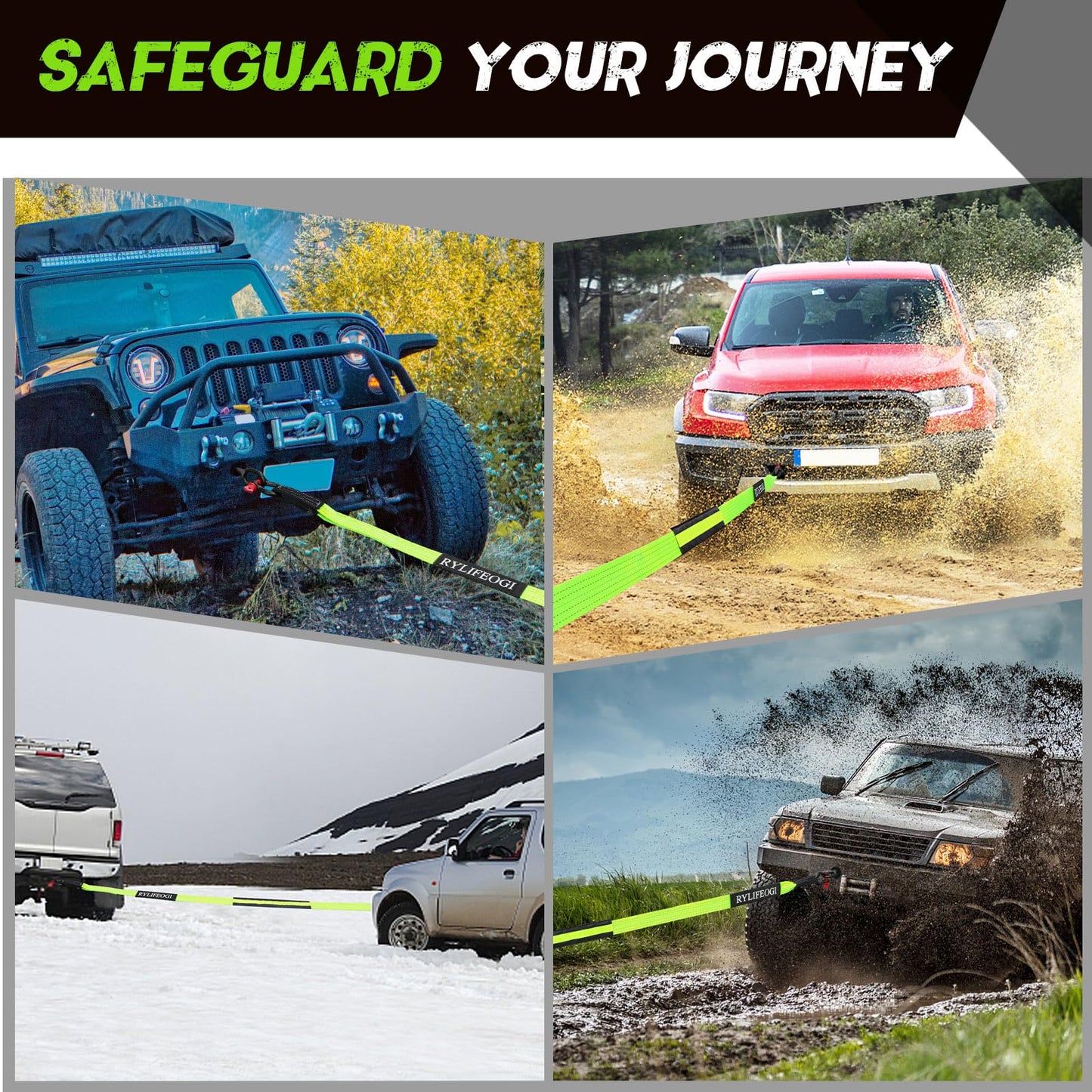 RYLIFEOGI Tow Rope 10 Tons (22,000Lbs), 5mx5cm Heavy Duty Tow Strap with 2 Reinforced Hooks 2 Gloves for Off-Road Vehicles (Green)