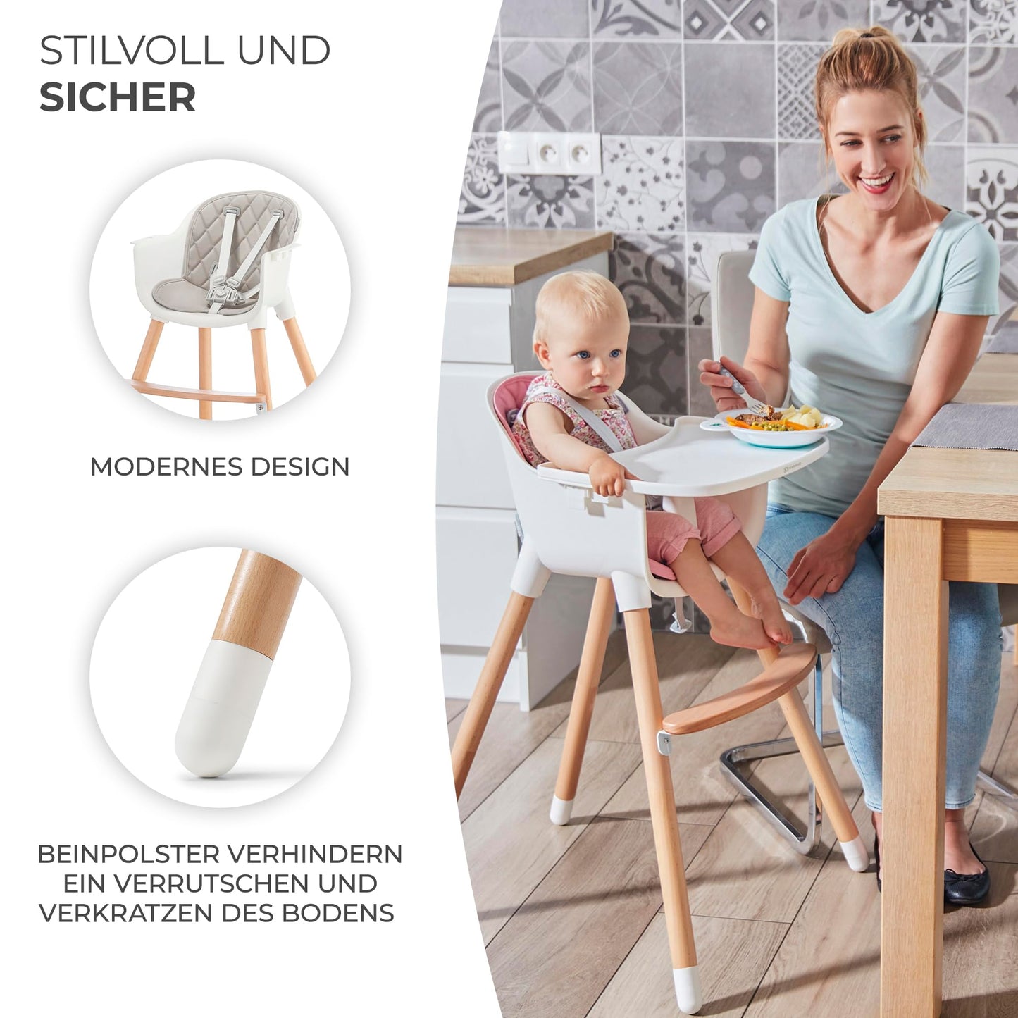 Children's high chair SIENNA 2 in 1, toddler high chair, baby chair, combination high chair, wooden legs, 5-point harness, footrest, removable tray, non-slip chair leg caps, for ages 6 months to 4 years, gray.