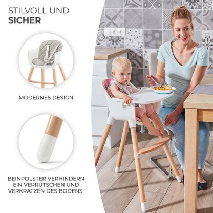 Children's high chair SIENNA 2 in 1, toddler high chair, baby chair, combination high chair, wooden legs, 5-point harness, footrest, removable tray, non-slip chair leg caps, for ages 6 months to 4 years, gray.