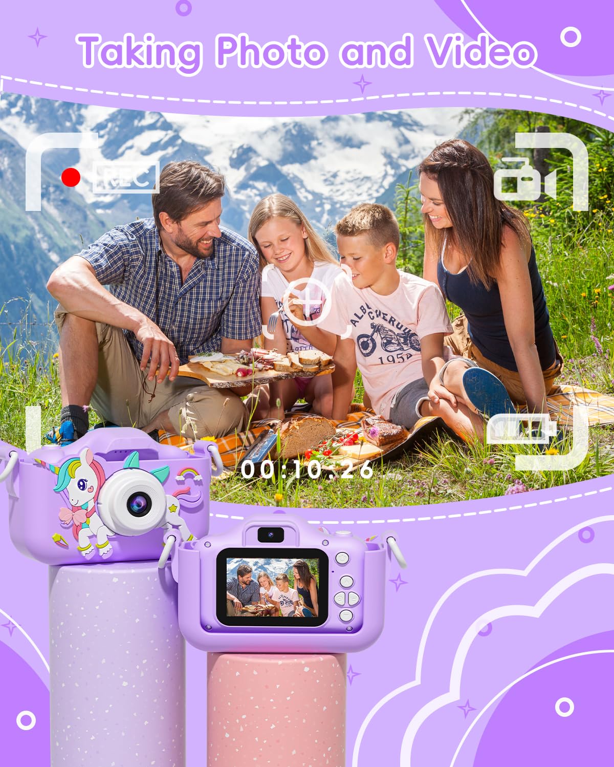 Children's camera, OAEBLLE digital camera, kids camera for 3 4 5 6 7 8 9 10 11 12 year old girls boys birthday gift Christmas toy, anti-drop digital cameras with 32GB TF card - purple.