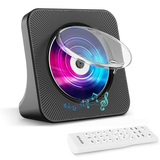 Bluetooth CD player desktop design, portable radio-CD player with dual speakers & timer, supports AUX/USB input, FM radio, headphone jack, Bluetooth transmission, K-pop music albums.