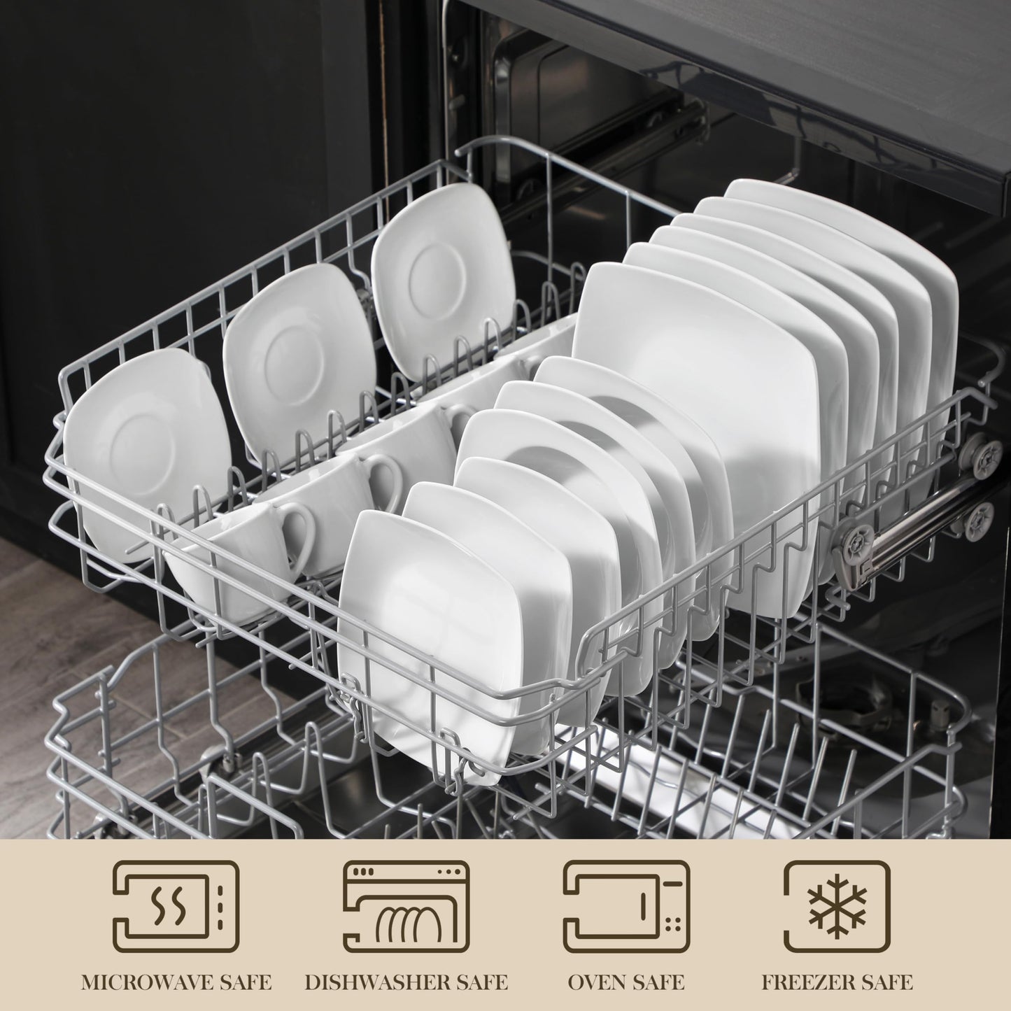 MALACASA, Julia series, tableware set for 12 people, 60 pieces porcelain dinnerware set. Includes dinner plates, dessert plates, soup plates, coffee cups, and saucers, 12 pieces each.