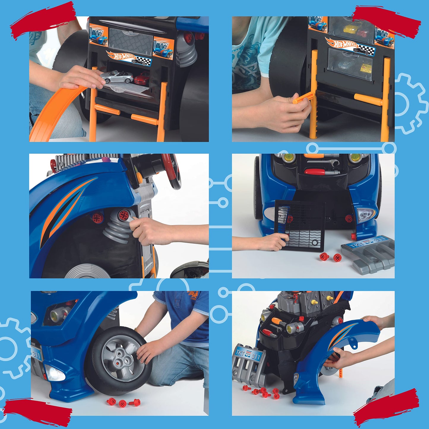 Theo Klein 2822 Hot Wheels assembly car I Engine block with educational repair functions I Battery-powered headlights and horn I Dimensions: 43 cm x 40 cm x 52.5 cm I Toy for children aged 3 years and above