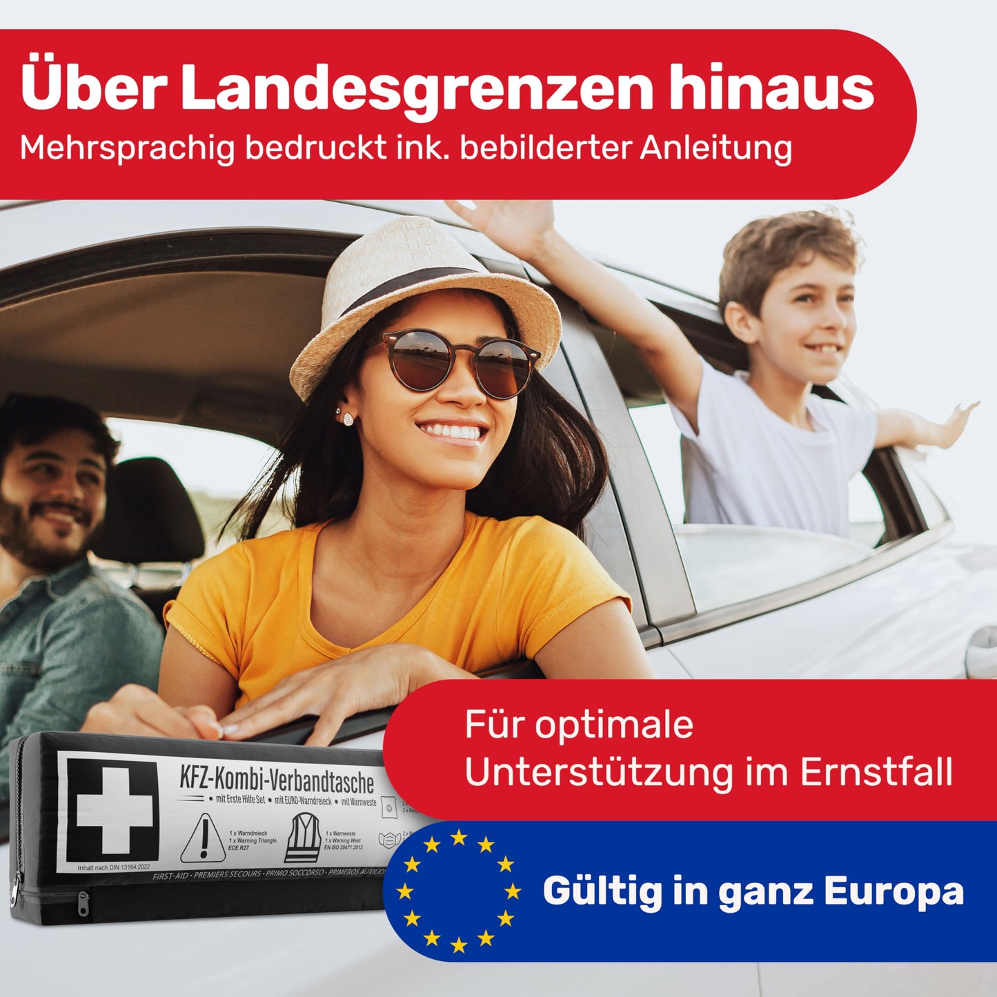 Automotive combo bag (3 in 1) according to current standard 2025 - Including warning triangle, safety vest - First aid kit warning triangle set First aid kit Car DIN 13164:2022 (conforming to the Road Traffic Regulations)