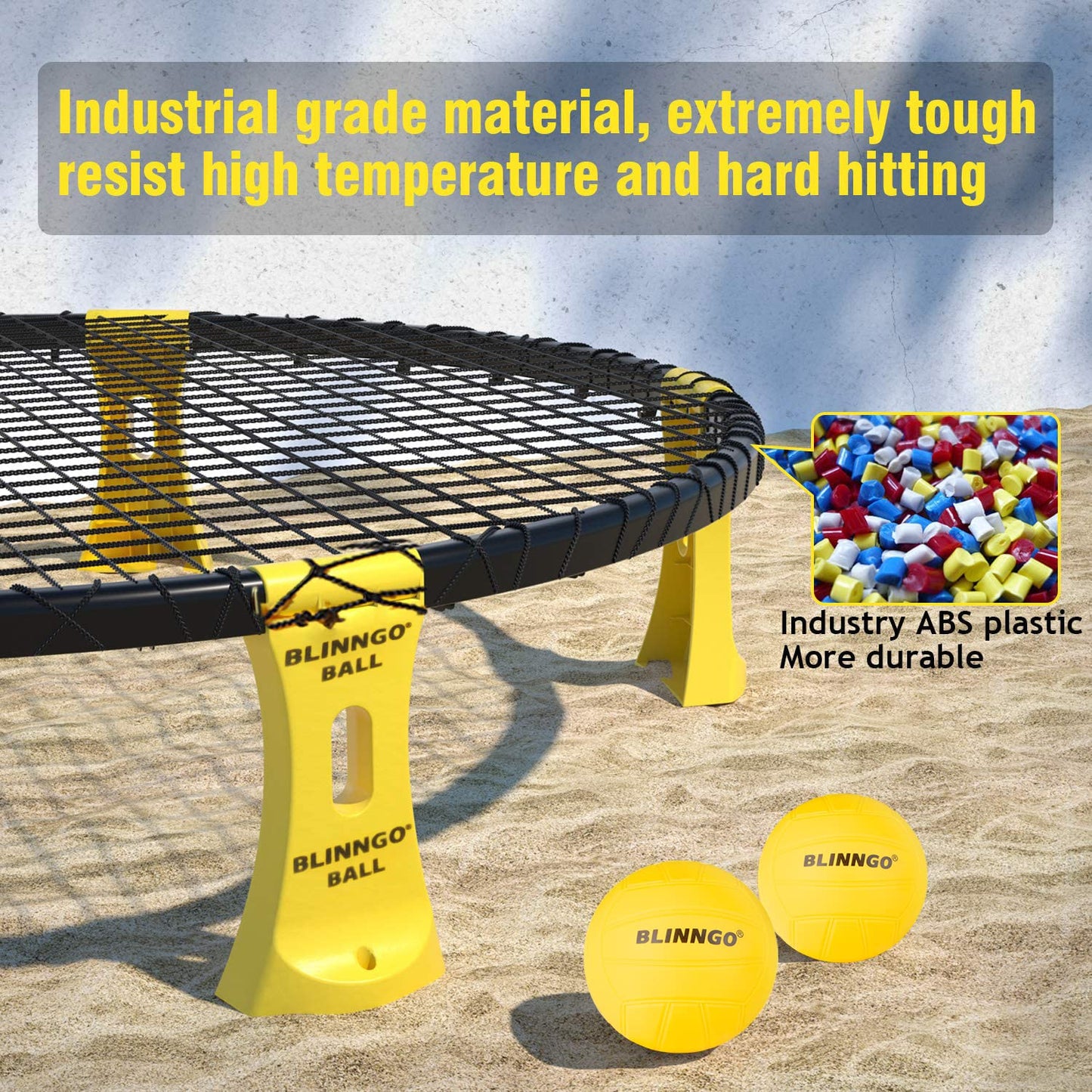 Mooki's Blinngoball Roundnet game for families spiderball set includes game net, 2 balls, drawstring bag, ball pump with 1 needle, and manual.