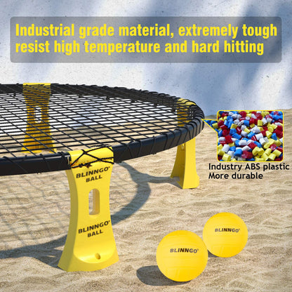 Mooki's Blinngoball Roundnet game for families spiderball set includes game net, 2 balls, drawstring bag, ball pump with 1 needle, and manual.