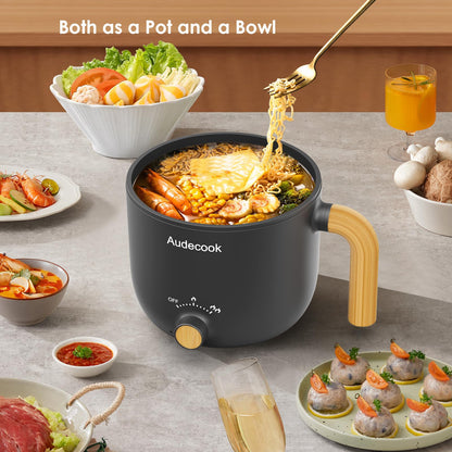 Audecook Electric Hot Pot, 1.5L Portable Mini Non-Stick Multicooker, Fast Ramen Cooker, Travel Electric Skillet with Dual Power Control for Steak/Noodles/Soup/Egg/Oatmeal