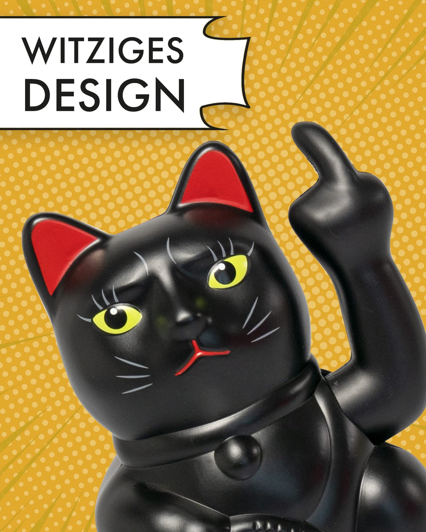 ANGRY CAT - Lucky CAT - Funny waving cat - Japanese waving cat with middle finger - Decorative wobble figure cat - Waving arm with middle finger - 15cm - BLACK-MATT