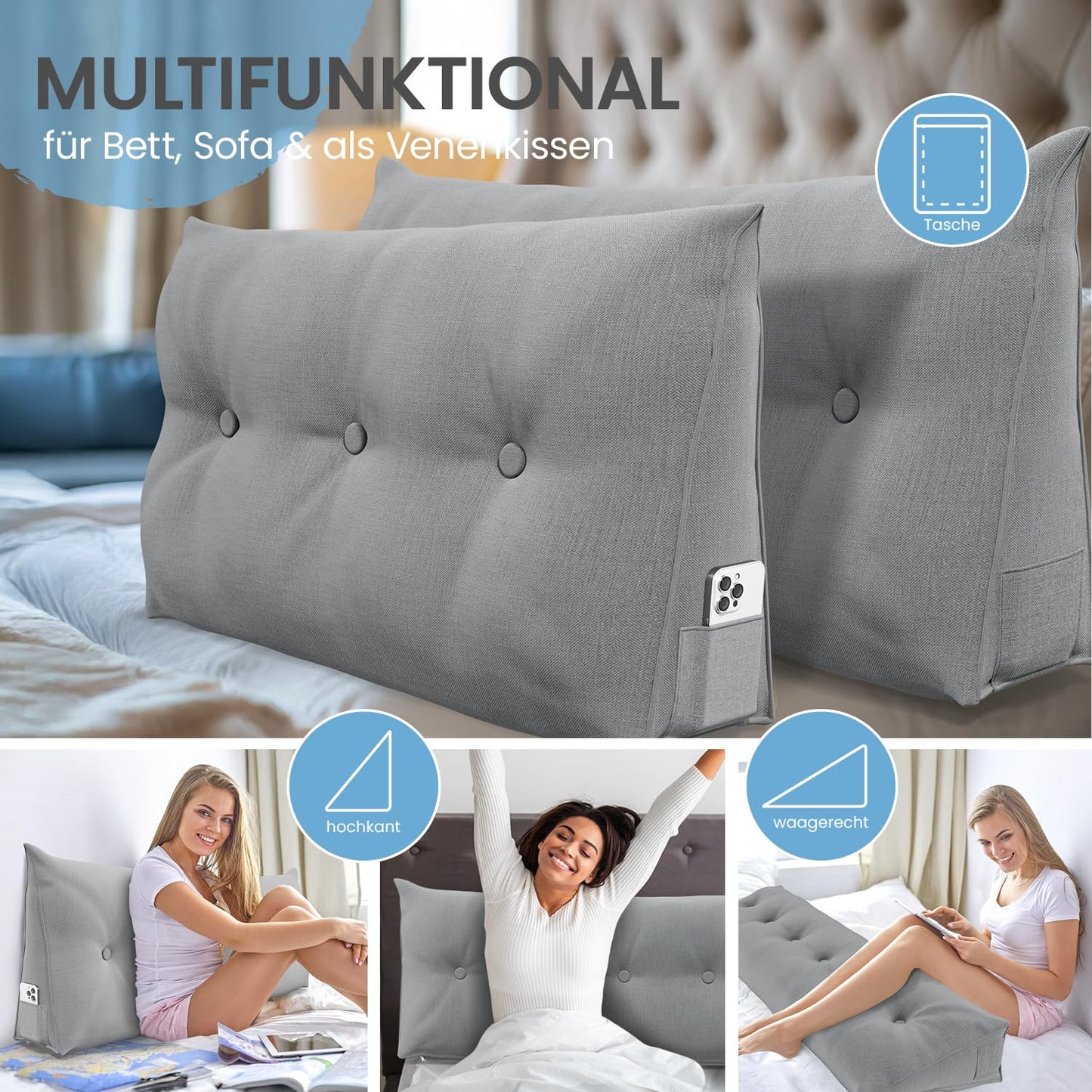 ELONEO back cushion 160 cm wide, wedge pillow suitable for bed and sofa, triangular reading pillow, pillow with removable and washable cover, with convenient side pocket.