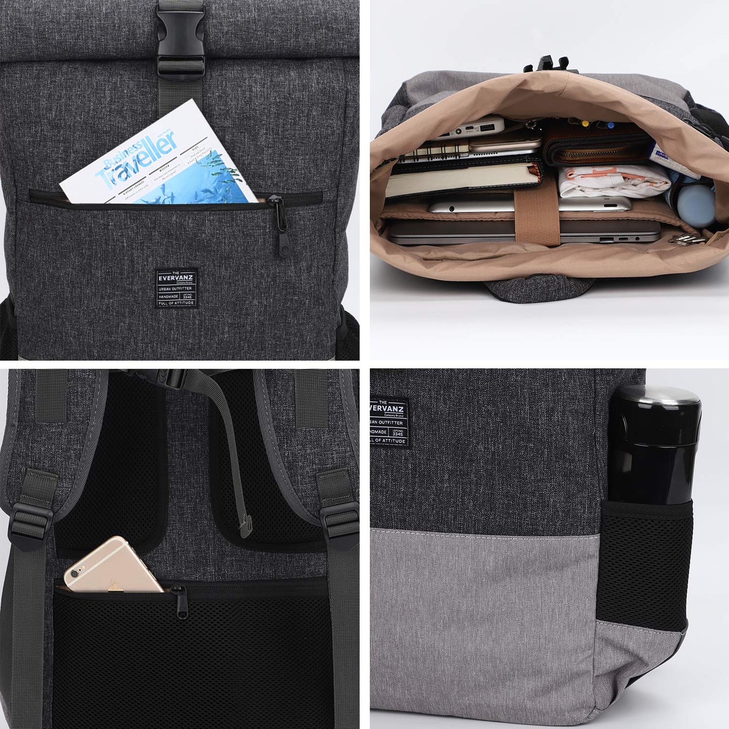 EverVanz Laptop Backpack, Men & Women Roll Top Waterproof Hiking Backpack, Lightweight Casual Backpack, Stylish School Bag with USB Charging Port, L, Gray