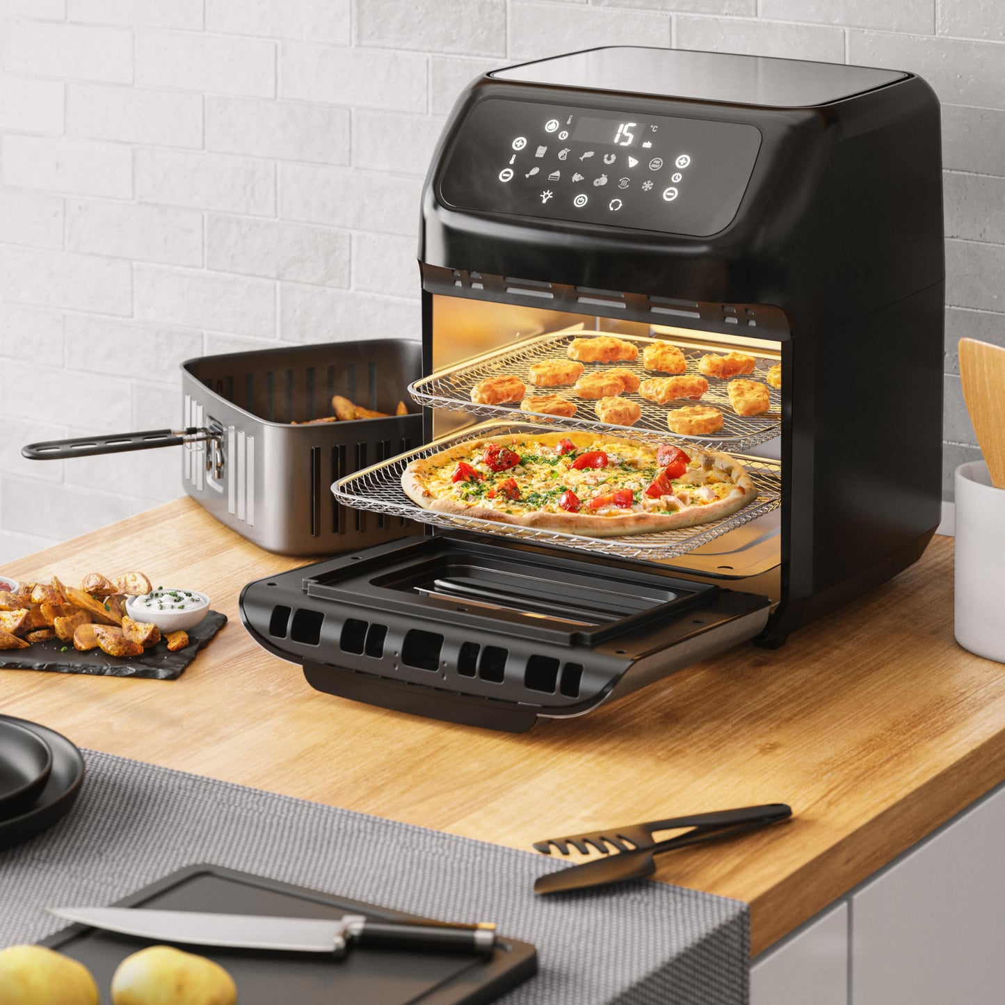 Arendo - Hot air fryer XXL with LED touchscreen- 12 liter - grill - dehydrator - oven - air fryer - touchscreen - easy&clean - oil-free fryer - convection - pizza, chicken, fries - BPA free