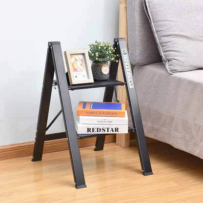KINGRACK Step Ladder, 2 Step Stool, Folding Step Ladder with Handrail, Non-Slip Household Ladder with Folding Lock, Black Aluminum Step Stool