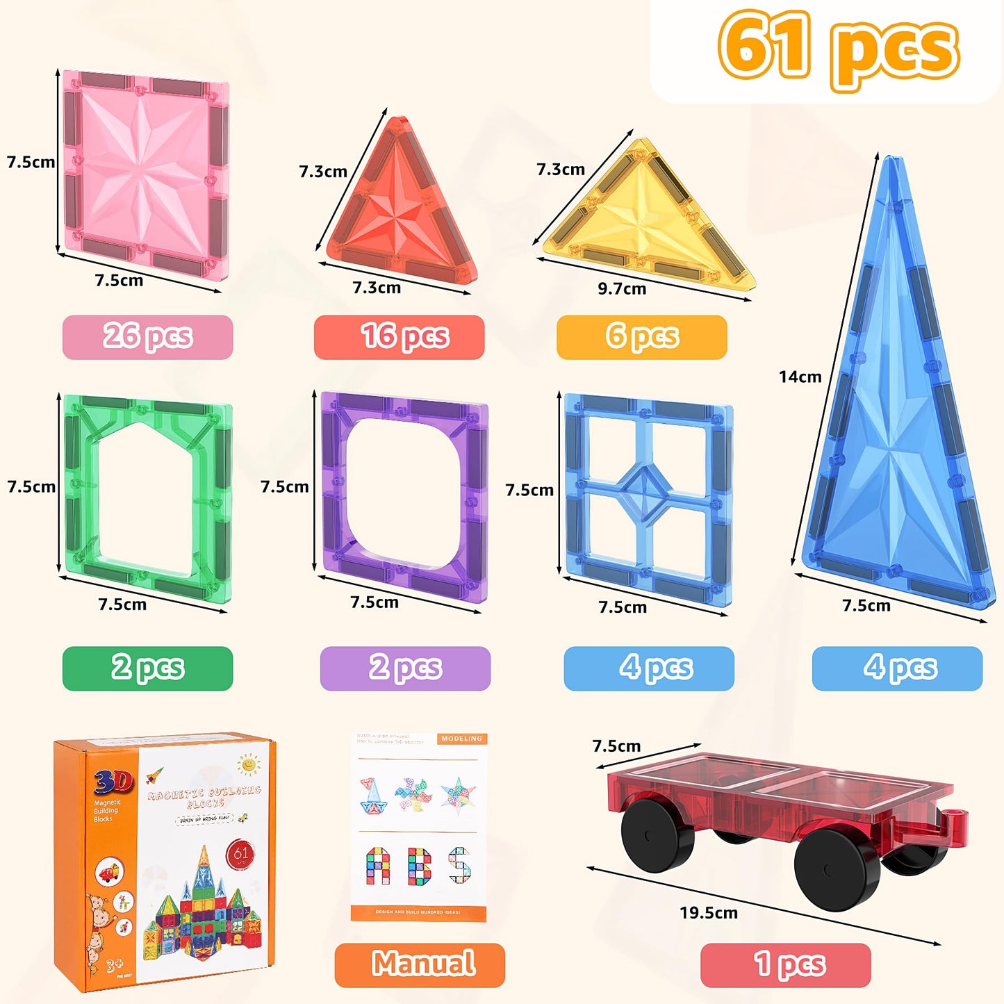 Perbabe Magnetic Building Blocks, 61 pieces magnetic blocks for kids with strong magnets. 3D educational STEM Montessori toy with cars. Perfect gift for 3-7 year olds.