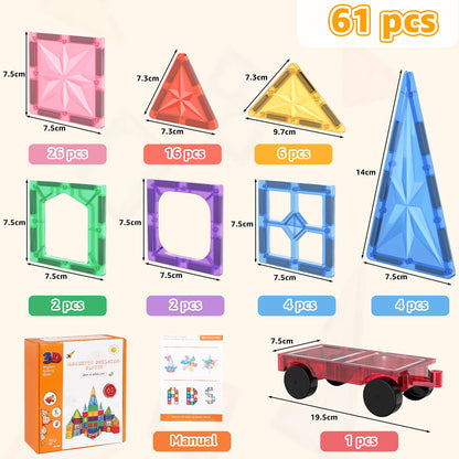 Perbabe Magnetic Building Blocks, 61 pieces magnetic blocks for kids with strong magnets. 3D educational STEM Montessori toy with cars. Perfect gift for 3-7 year olds.