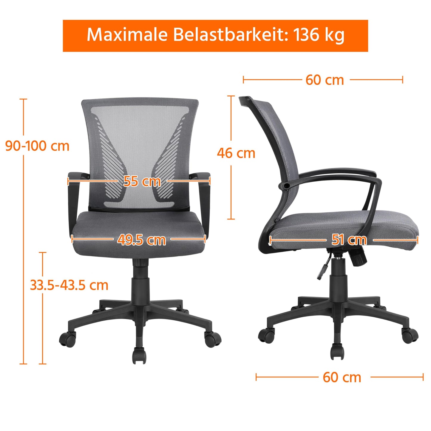 Yaheetech Office Chair Ergonomic, Desk Chair with Mesh Backrest, Task Chair with Armrests, Executive Chair made of Mesh, Adjustable Height Computer Chair 136 kg, Breathable, Tilt Function Dark Gray