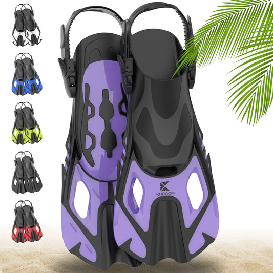 Khroom adjustable snorkel fins for kids, women, men. Short diving fins and flippers for snorkeling, swimming, diving. Lightweight swim fins for vacation and pool (Purple, Size 37-41).