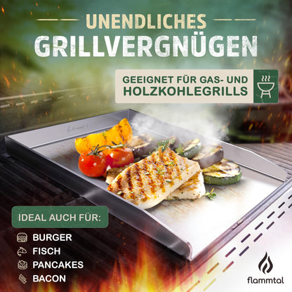 flame valley - Plancha Grill Plate [30x40 cm] - Stainless steel grill plate with spatula set & 20 burger paper - Solid 4mm stainless steel grill plate for gas grill.