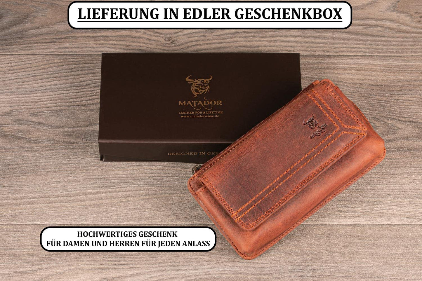 MATADOR 2in1 genuine leather phone case belt with zippered pocket #Brisbane, with elegant gift box and RFID protection, Elegant leather phone belt for smartphones up to 6.9 inches in Brown Vintage.