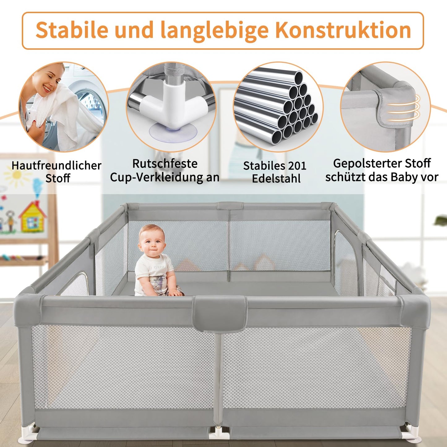 Sour Lemon Baby Playpen Playpen baby, children's fence with anti-collision foam barrier with breathable mesh, children safety playground, Including 50 Ocean Balls and 4 Pull Rings