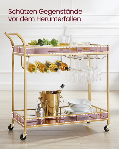 VASAGLE serving cart, rolling cart, glass holder, 2 mirrored glass shelves, bar cart, wine cart, for kitchen, dining room, bar, gold color LRC090A03