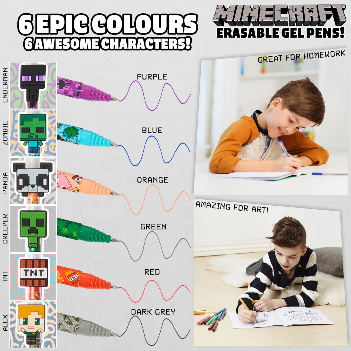 Minecraft Gel Pen Erasable 6-Pack, Erasable Gel Pen Set - Back to School Gifts for Boys.