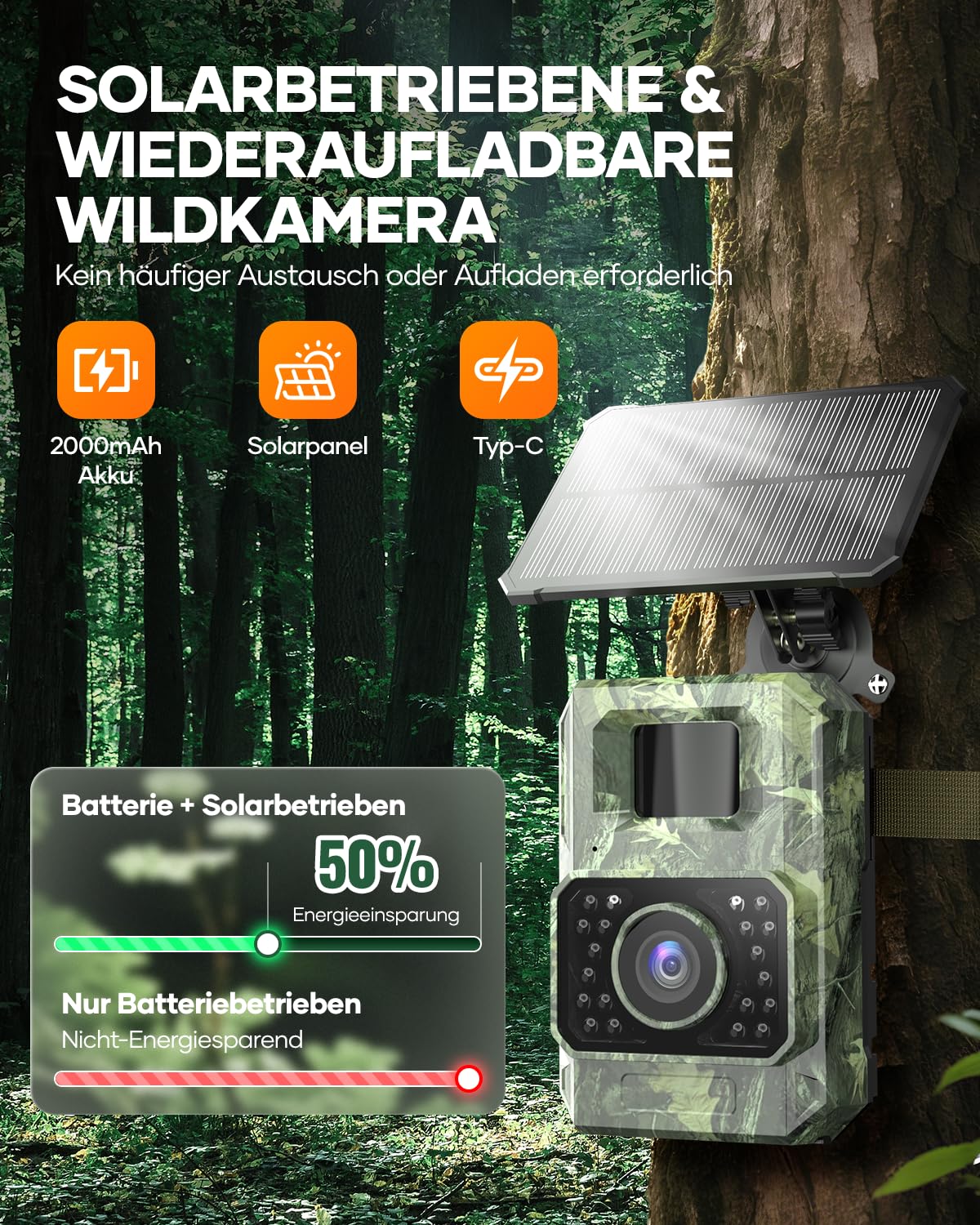 Assark trail camera with phone transmission app, 48MP 30fps WIFI solar trail camera with motion sensor night vision, rechargeable 2000mAh lithium battery, 0.2s trigger, IP66 waterproof.