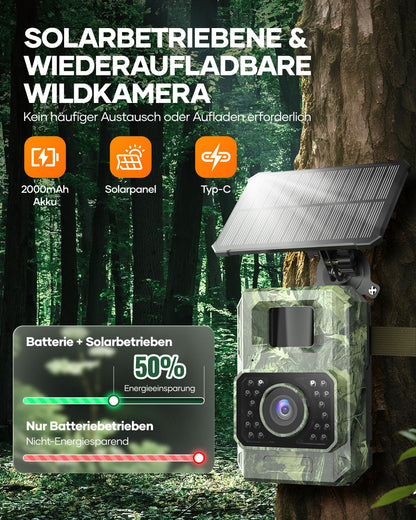 Assark trail camera with phone transmission app, 48MP 30fps WIFI solar trail camera with motion sensor night vision, rechargeable 2000mAh lithium battery, 0.2s trigger, IP66 waterproof.