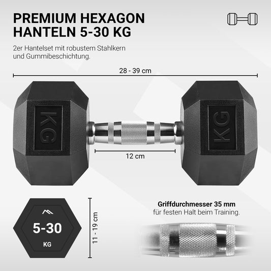 Hexagon dumbbells premium (pair) | 5-30 kg | non-slip coated | ergonomic chrome handles | dumbbell set (30 kg - pair (2 pieces))