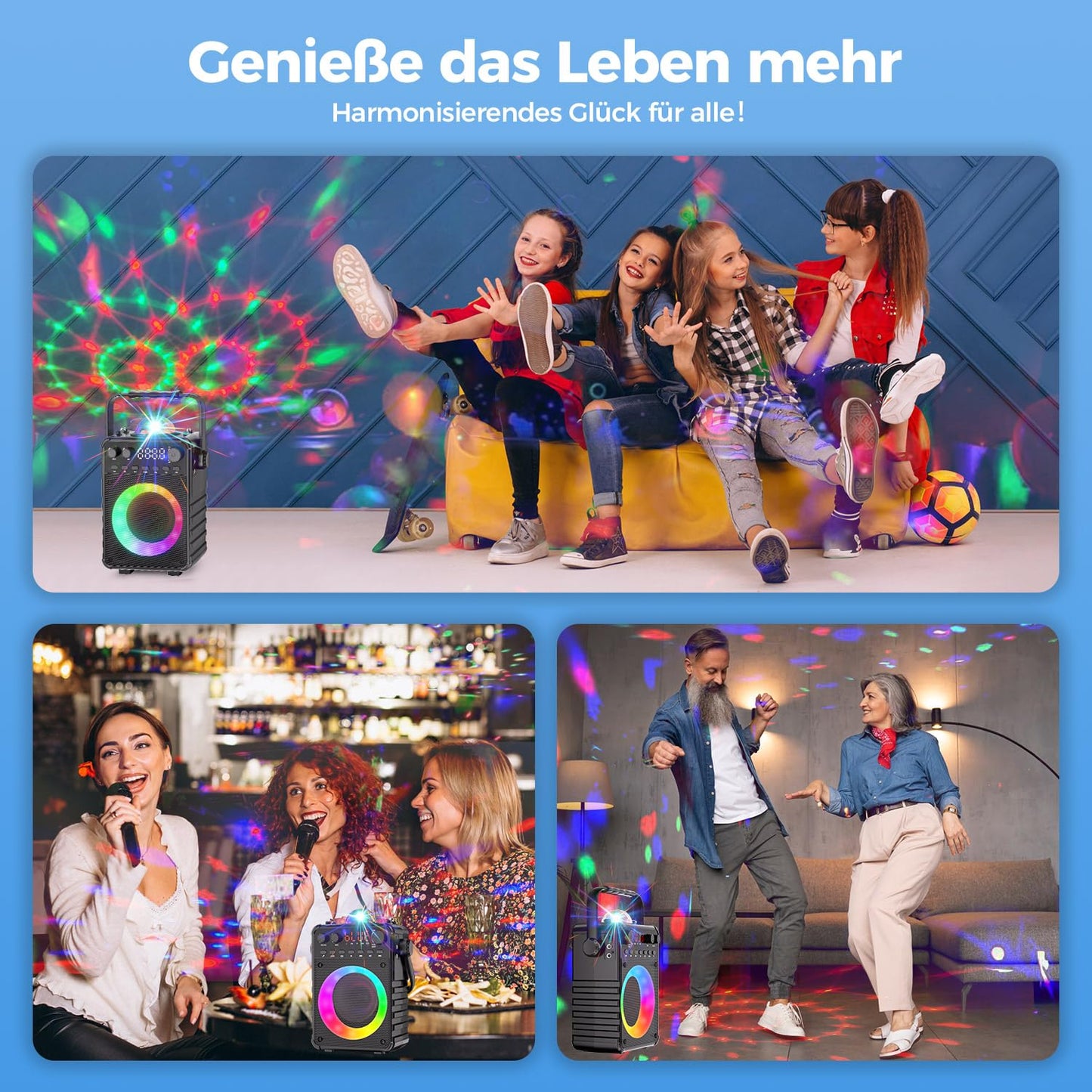 Karaoke machine with 2 microphones: [Upgrade 2024] Karaoke system with 2 microphones for adults kids - Portable Bluetooth party speaker with LED disco ball, supports AUX, USB, TF card, TV.