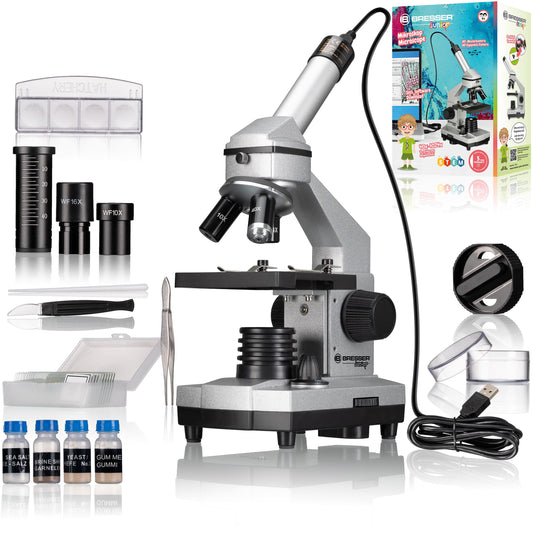 Bresser Junior Microscope Set Biolux DE 40x-1024x for kids and adults with high magnification, including USB camera and extensive accessories for the perfect start into the microcosm.
